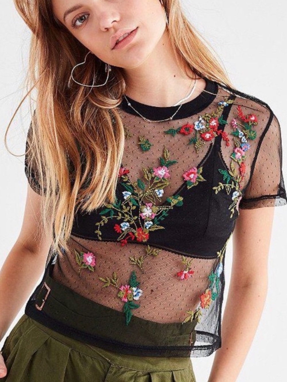 Urban Outfitters Sheer Black Embroidered Floral Mesh Top M